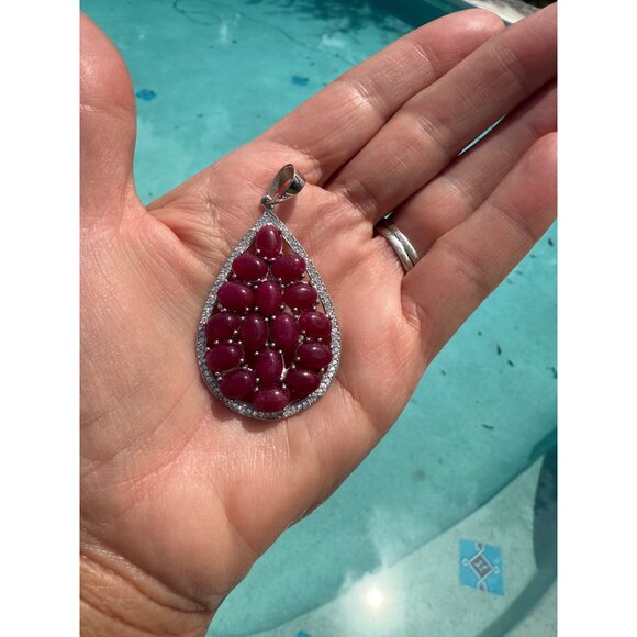 Lg Artisian Sterling Silver Teardrop Ruby Cluster Pendant CZ Accents Statement - Picture 7 of 8